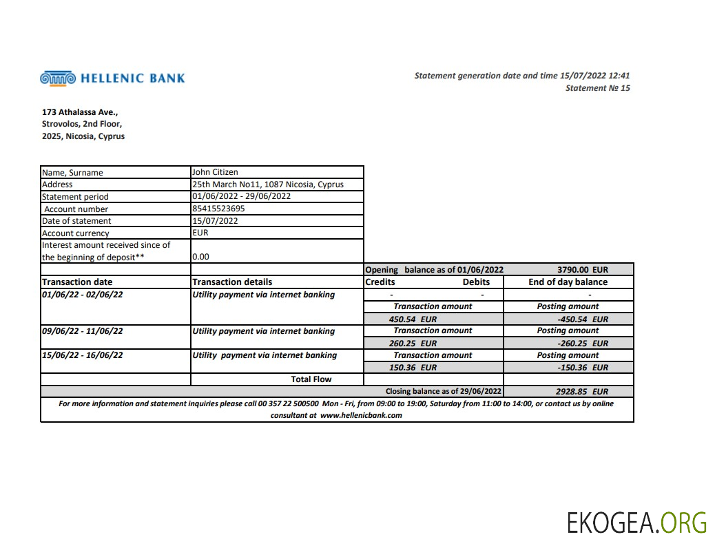 Relevé bancaire hellénique de Chypre